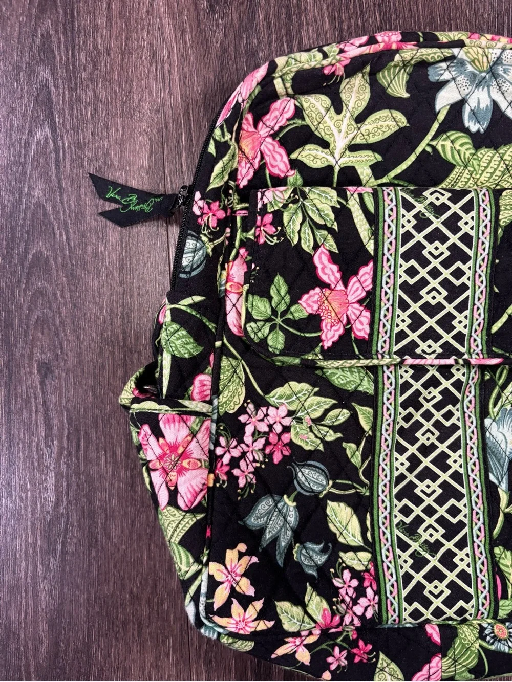 Vera Bradley Black Floral Quilted Backpack with Pink and Green Accents